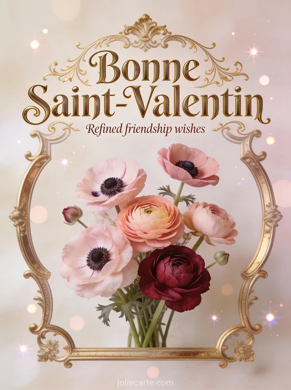 Arrangement d'anémones et renoncules roses et bordeaux avec cadre doré et texte Bonne Saint-Valentin