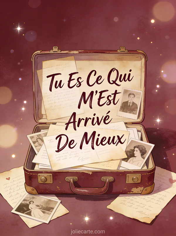 Valise vintage avec lettres d'amour anciennes et photos fanées ambiance sépia nostalgique texte Tu Es Ce Qui M'Est Arrivé De Mieux bordeaux