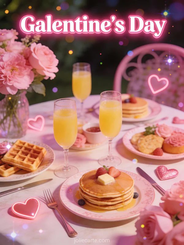 Brunch avec gaufres pancakes et mimosas décor rose et cœurs et texte Galentine's Day