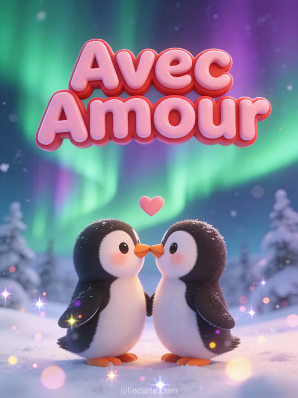 Couple de pingouins cartoon se touchant le bec avec cœur et aurores boréales sur neige texte Avec Amour rose et rouge