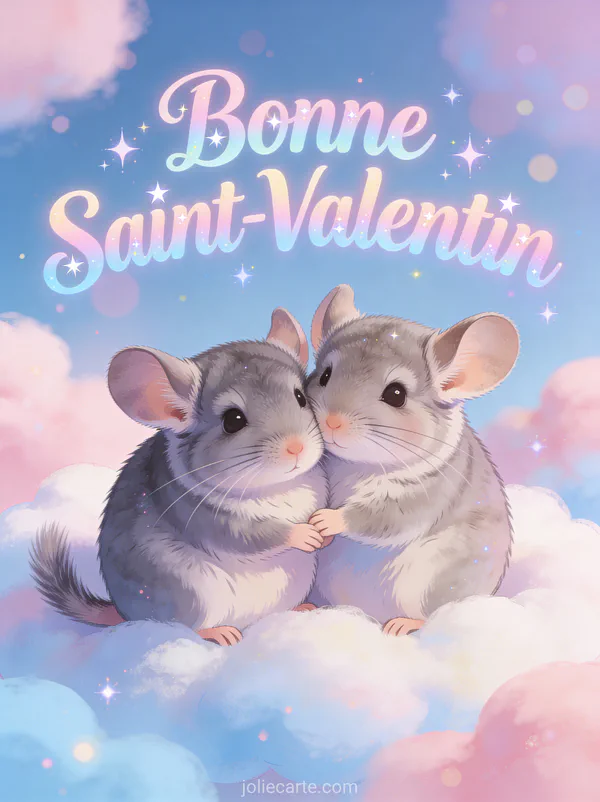 Deux chinchillas adorables câlinés sur nuage rose et bleu avec étoiles et texte Bonne Saint-Valentin