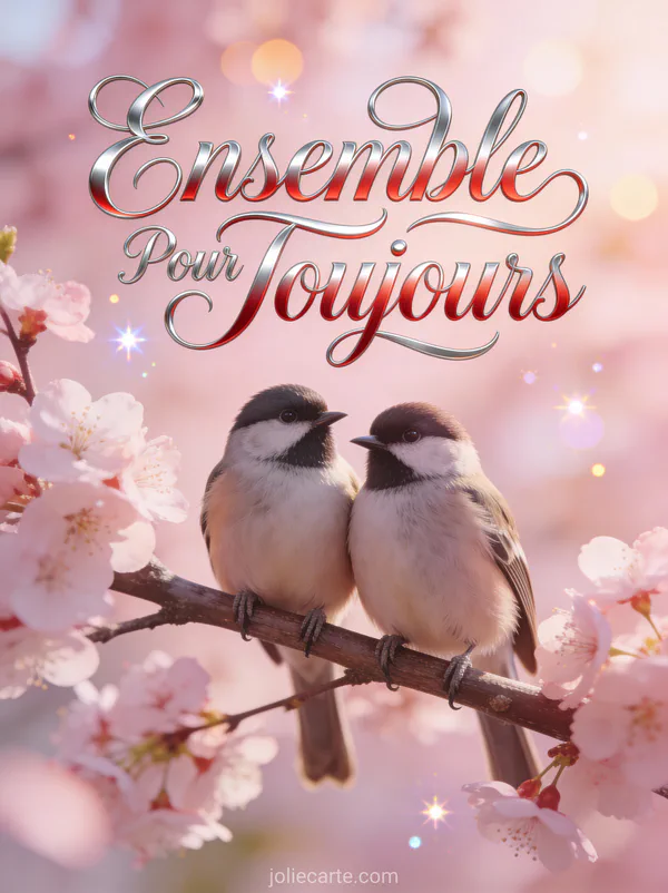 Deux oiseaux perchés ensemble sur branche de cerisier en fleurs fond rose printanier texte Ensemble Pour Toujours argent et rouge
