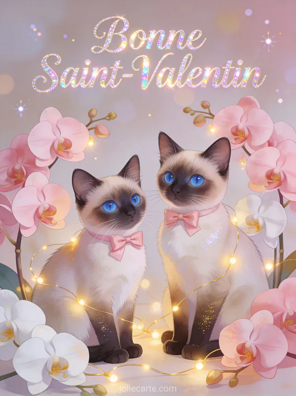 Deux chats siamois aux yeux bleus avec nœuds roses parmi orchidées et guirlandes et texte Bonne Saint-Valentin