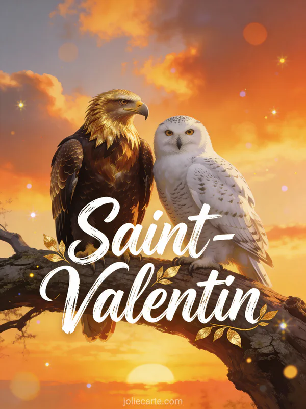 Aigle doré et harfang des neiges sur branche avec coucher de soleil et texte Saint-Valentin