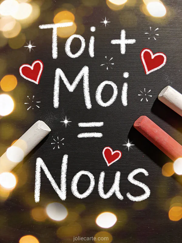 Équation Toi + Moi = Nous dessinée à la craie blanche et rouge avec cœurs sur tableau noir