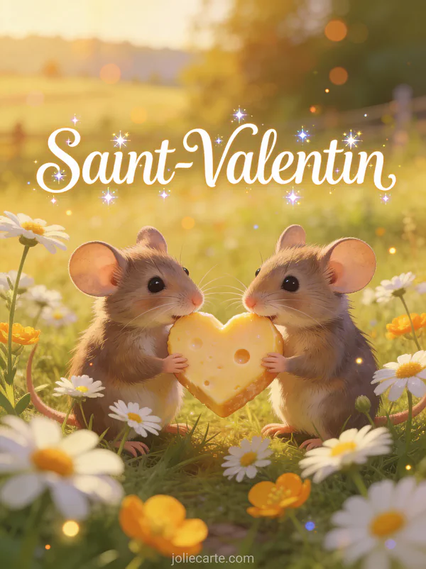 Deux souris mignonnes partageant fromage cœur parmi marguerites et boutons d'or et texte Saint-Valentin