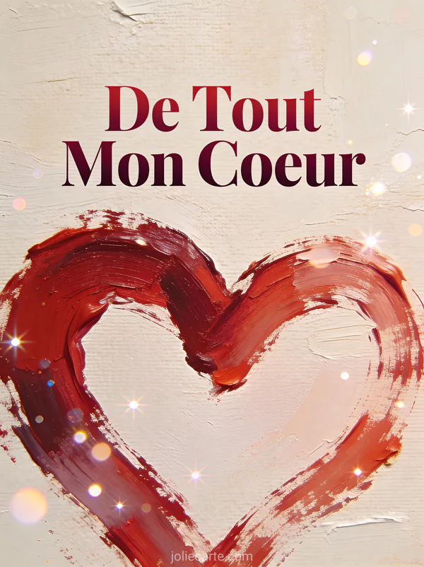 Peinture abstraite de cœur en coups de pinceau épais à l'huile sur toile texte De Tout Mon Coeur dégradé rouge bordeaux