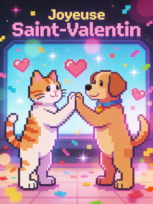 Chat et chien pixel art se tapant dans la main avec cœurs et confettis et texte Joyeuse Saint-Valentin
