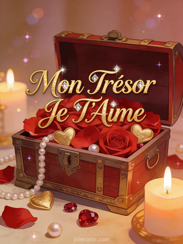 Coffre au trésor vintage débordant de pétales de roses rouges et cœurs dorés avec le texte Mon Trésor Je T'Aime