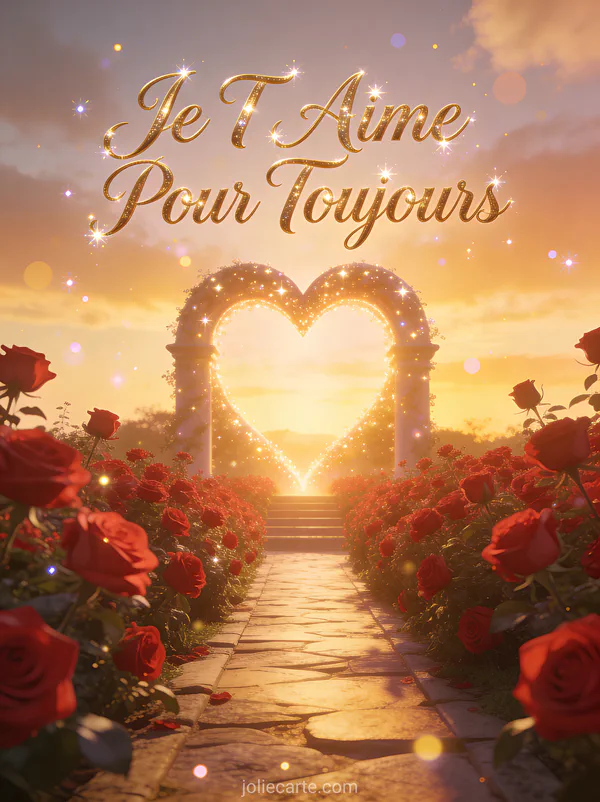 Allée de jardin bordée de roses rouges menant à arche en cœur lumineuse coucher de soleil doré texte Je T'Aime Pour Toujours or