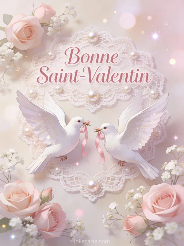 Deux colombes blanches avec ruban rose parmi roses et gypsophile et texte Bonne Saint-Valentin