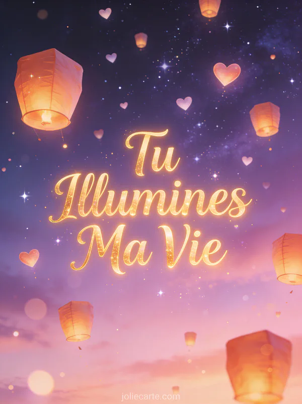Centaines de lanternes lumineuses s'élevant dans un ciel étoilé violet et rose avec le texte Tu Illumines Ma Vie