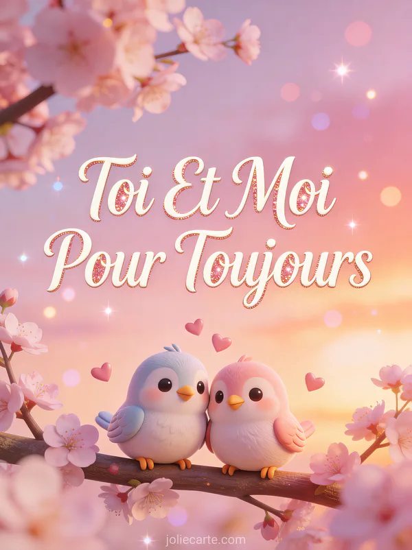 Deux oiseaux cartoon amoureux sur une branche de cerisier en fleurs avec petits cœurs et le texte Toi Et Moi Pour Toujours