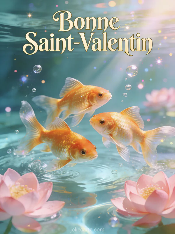 Trois poissons rouges nageant avec lotus roses et bulles et rayons de lumière et texte Bonne Saint-Valentin