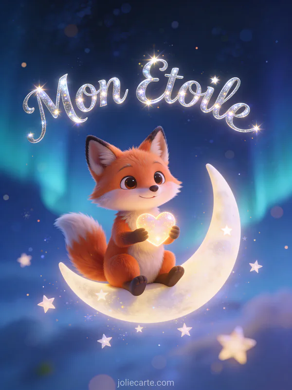 Renard cartoon mignon assis sur un croissant de lune tenant un cœur lumineux dans un ciel étoilé avec le texte Mon Étoile