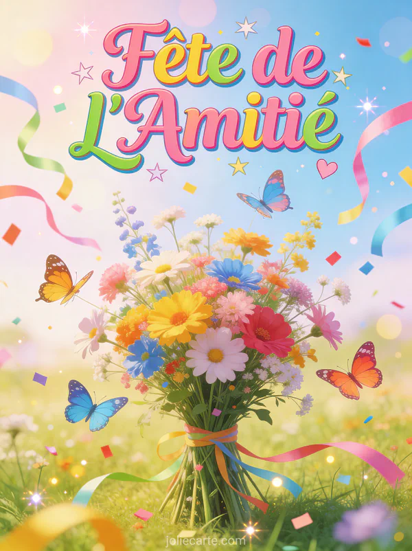 Papillons colorés autour de fleurs sauvages avec confettis et streamers et texte Fête de l'Amitié