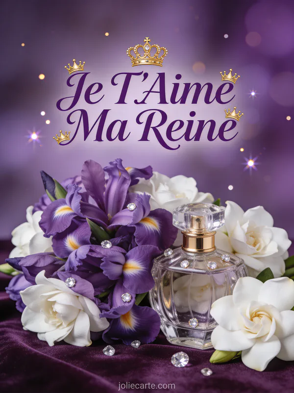 Arrangement luxueux d'iris pourpres et gardénias blancs avec flacon de parfum en cristal sur velours avec le texte Je T'Aime Ma Reine
