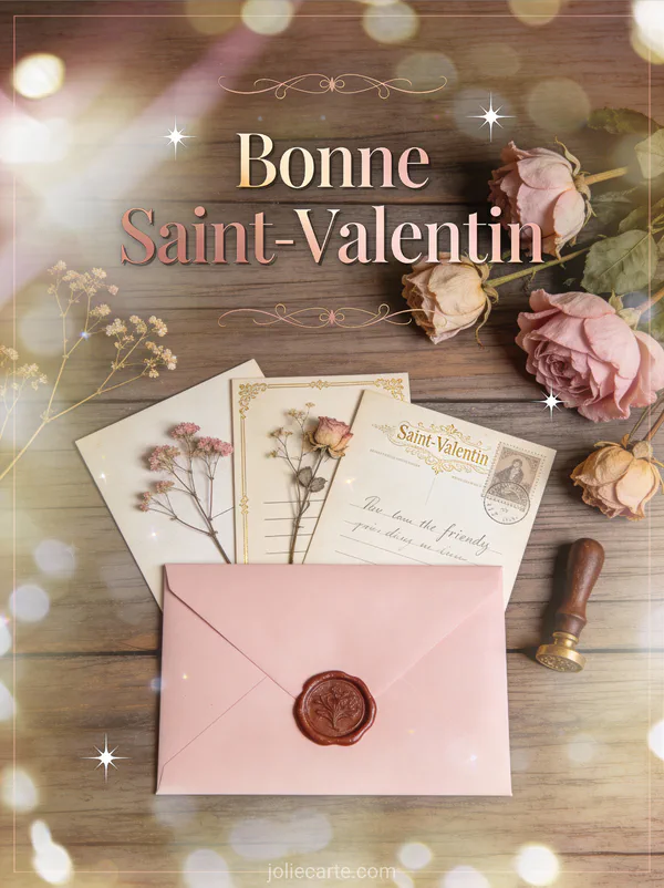 Flat lay de papeterie rose avec sceau de cire fleurs séchées et cartes postales et texte Bonne Saint-Valentin