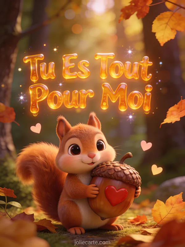 Écureuil cartoon mignon câlinant un gland avec un cœur rouge entouré de feuilles d'automne avec le texte Tu Es Tout Pour Moi