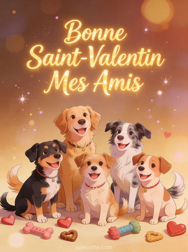 Groupe de chiens heureux avec friandises cœur et jouets et texte Bonne Saint-Valentin Mes Amis