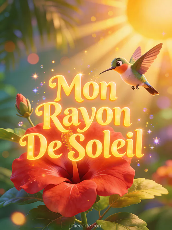 Colibri cartoon coloré près d'un hibiscus rouge avec rayons de soleil dorés et couleurs tropicales avec le texte Mon Rayon De Soleil