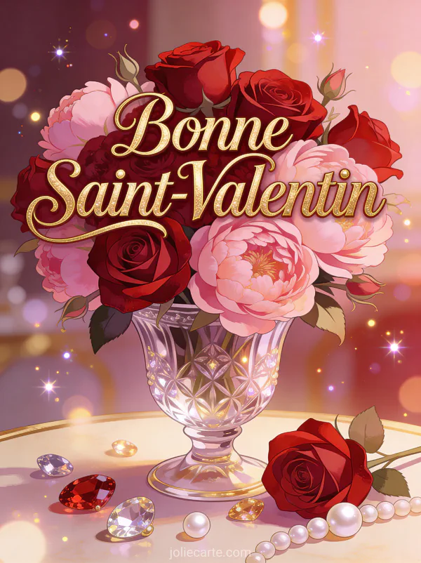 Arrangement luxueux de roses rouges et pivoines roses dans vase cristal avec gemmes et perles et texte Bonne Saint-Valentin