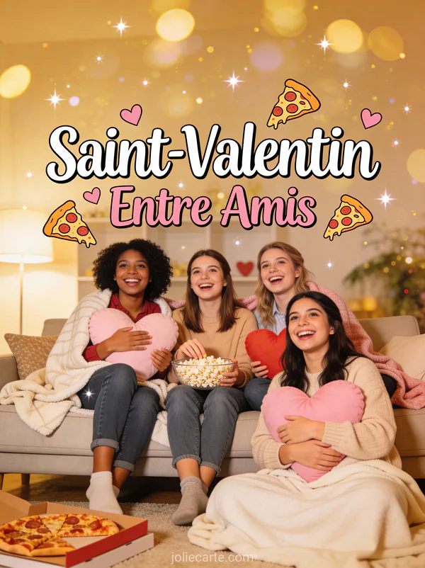Scène soirée film avec popcorn pizza couvertures et coussins cœur et texte Saint-Valentin Entre Amis