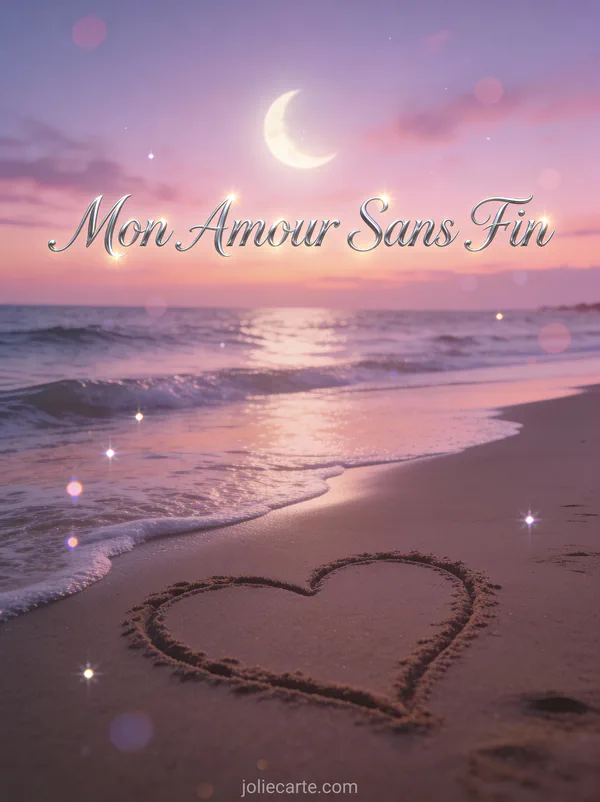 Plage au crépuscule avec cœur dessiné dans le sable et vagues douces sous un ciel rose et violet avec le texte Mon Amour Sans Fin