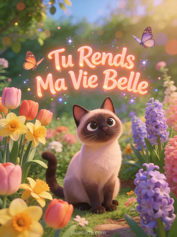 Chat siamois cartoon entouré de tulipes jonquilles et jacinthes avec papillons dans un jardin printanier avec le texte Tu Rends Ma Vie Belle