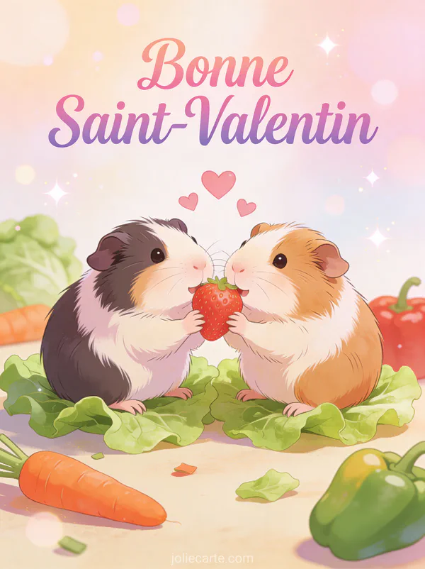 Deux cochons d'Inde adorables partageant une fraise avec petits cœurs et texte Bonne Saint-Valentin