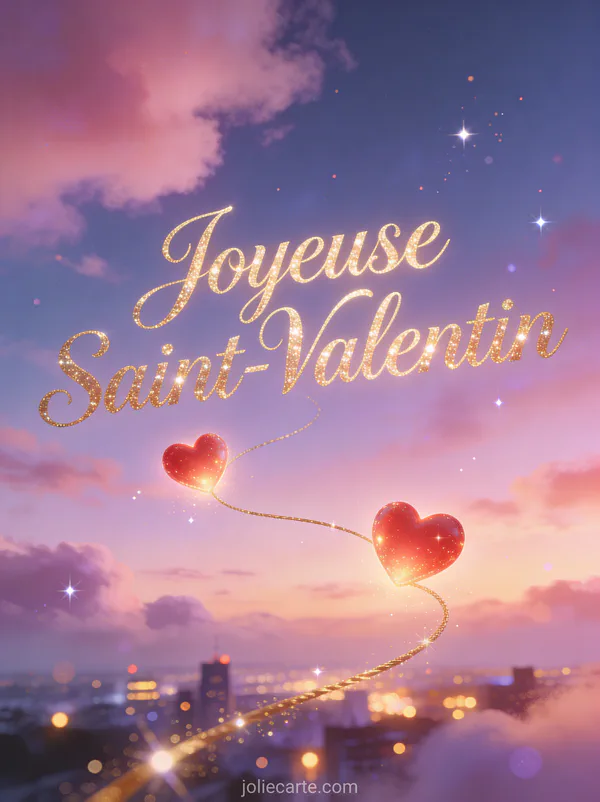 Deux cœurs rouges lumineux reliés par un fil doré dans un ciel crépusculaire avec le texte Joyeuse Saint-Valentin