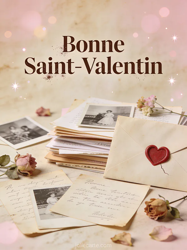 Lettres anciennes et photos avec fleurs pressées et enveloppe sceau cœur et texte Bonne Saint-Valentin