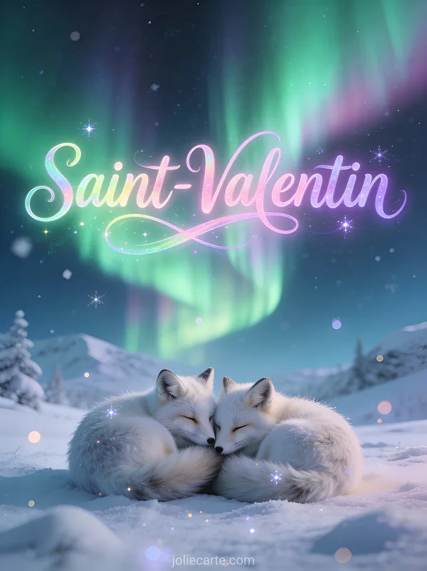 Deux renards arctiques blottis sous aurores boréales dans paysage neigeux et texte Saint-Valentin