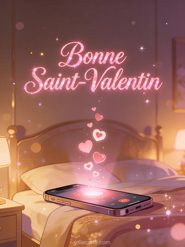 Smartphone illuminé avec cœurs flottants dans une ambiance nocturne intime avec le texte Bonne Saint-Valentin