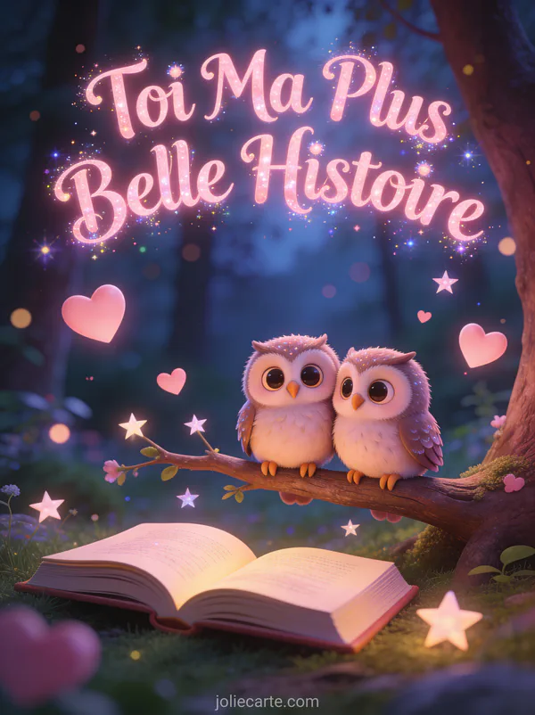 Deux hiboux cartoon mignons sur une branche avec un livre ouvert entourés de cœurs et étoiles dans une forêt magique avec le texte Toi Ma Plus Belle Histoire