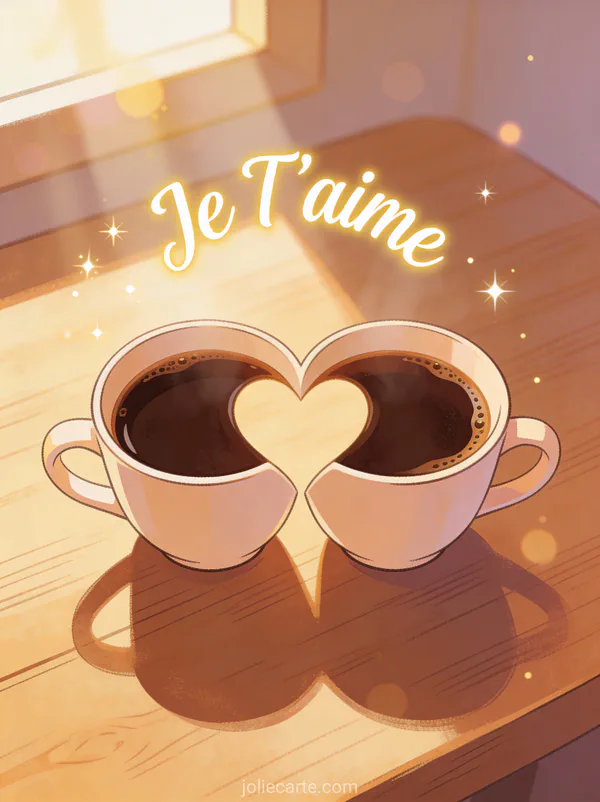 Deux tasses de café côte à côte sur une table en bois baignée de lumière matinale avec le texte Je T'aime