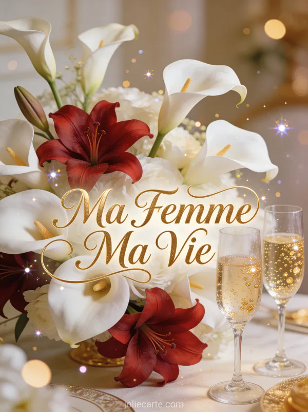 Arrangement de lys calla blancs et amaryllis rouges avec coupes de champagne aux bulles dorées avec le texte Ma Femme Ma Vie