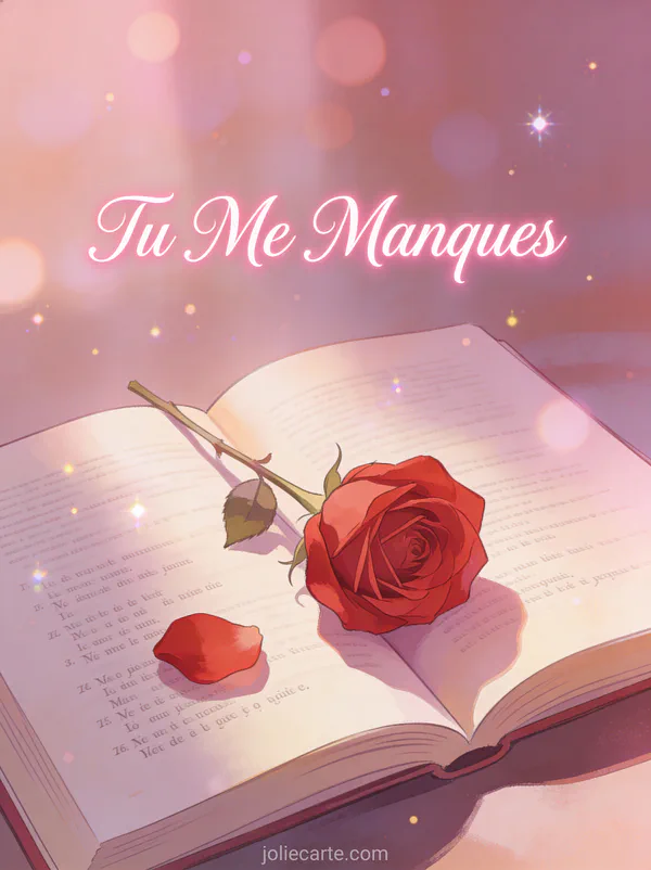 Rose rouge posée sur un livre de poèmes ouvert avec lumière douce et le texte Tu Me Manques
