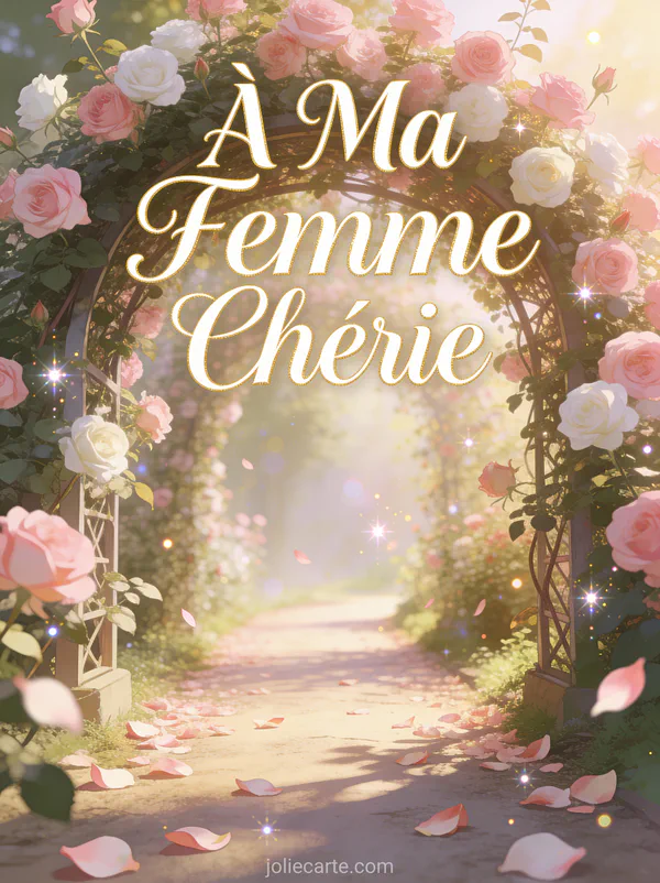 Chemin romantique sous une arche de roses grimpantes roses et blanches avec pétales au sol et lumière matinale avec le texte À Ma Femme Chérie