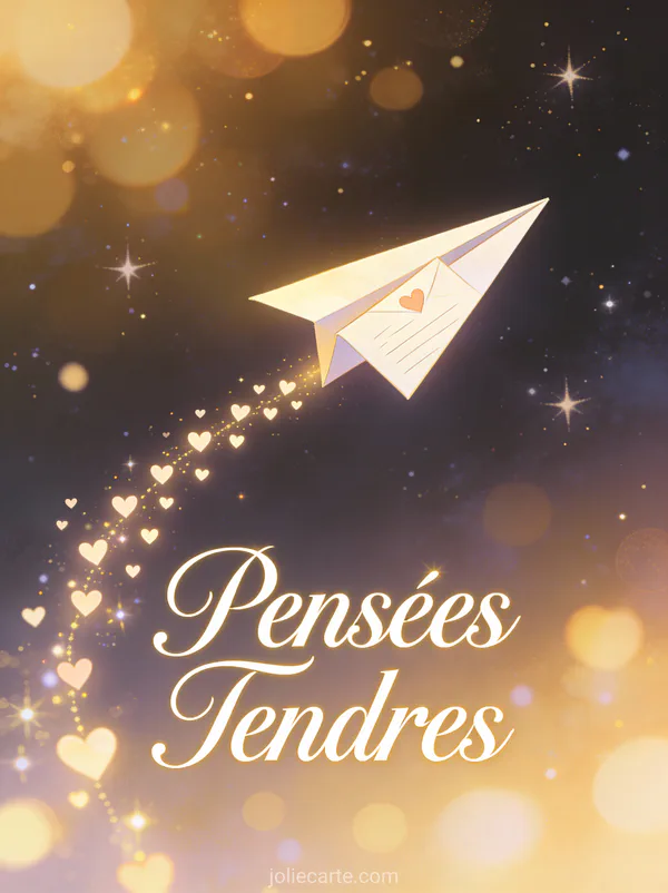 Avion en papier fait d'une lettre d'amour volant dans un ciel étoilé avec traînée de cœurs et le texte Pensées Tendres