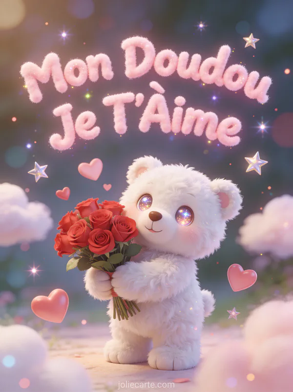 Ourson en peluche blanc cartoon kawaii avec grands yeux brillants tenant un bouquet de roses rouges entouré de cœurs avec le texte Mon Doudou Je T'Aime