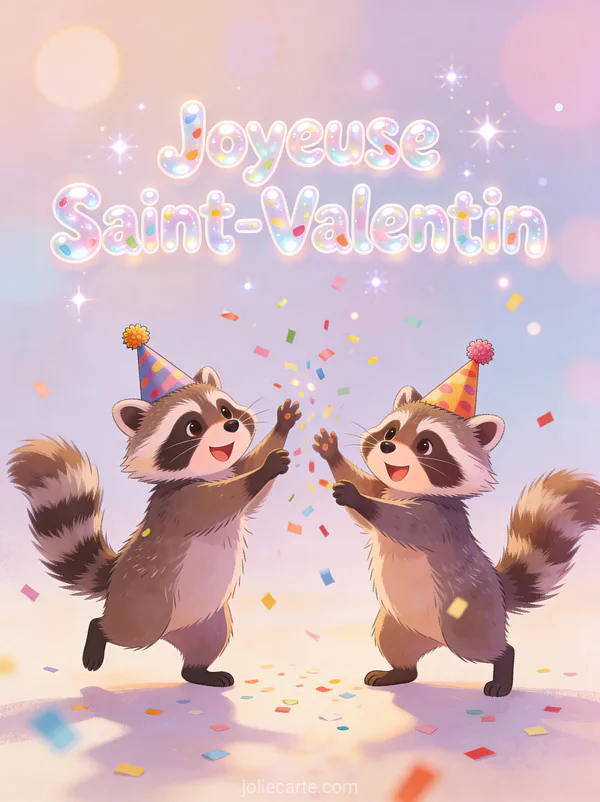 Deux ratons laveurs avec chapeaux de fête lançant des confettis et texte Joyeuse Saint-Valentin