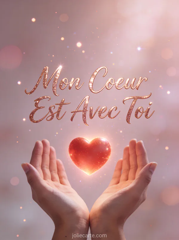 Cœur rouge lumineux flottant au-dessus de mains tendues vers le ciel avec le texte Mon Cœur Est Avec Toi