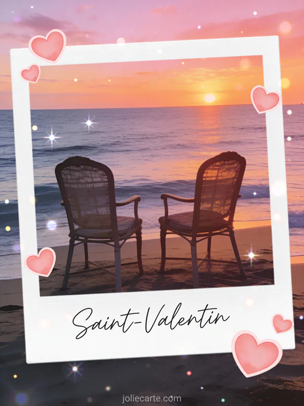 Deux chaises vintage sur plage face au coucher de soleil rose et orange avec texte Saint-Valentin
