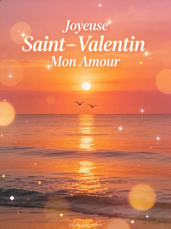 Coucher de soleil sur l'océan avec deux oiseaux volant ensemble et le texte Joyeuse Saint-Valentin Mon Amour