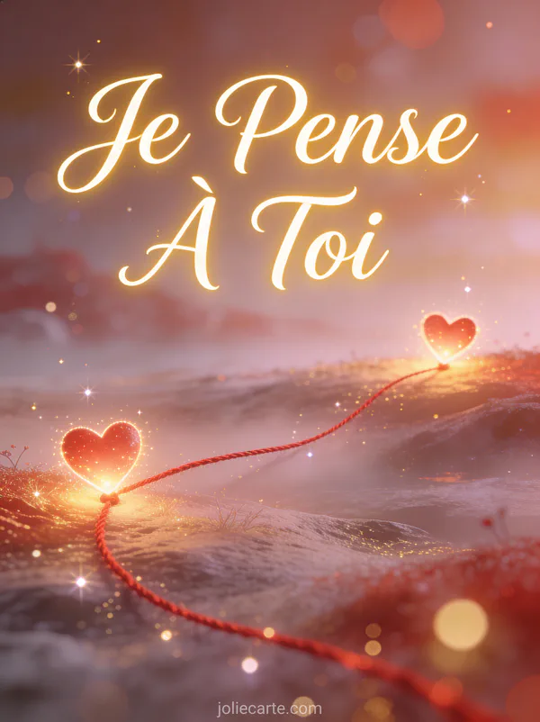 Fil rouge du destin traversant un paysage onirique reliant deux cœurs lumineux avec le texte Je Pense À Toi