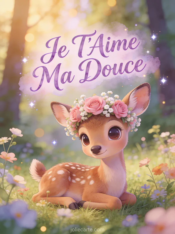 Faon cartoon mignon aux grands yeux portant une couronne de roses roses et gypsophile dans une clairière fleurie avec le texte Je T'Aime Ma Douce