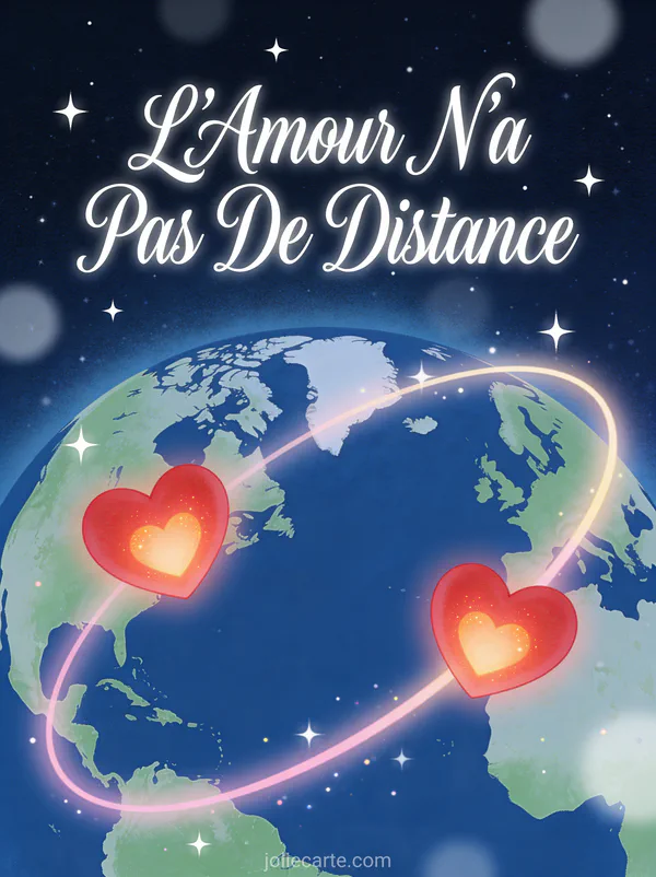 Globe terrestre avec deux cœurs lumineux reliés par un arc de lumière sur fond étoilé avec le texte L'Amour N'a Pas De Distance