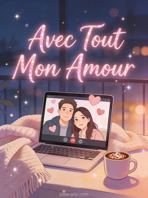 Ordinateur portable avec appel vidéo entouré de cœurs flottants chocolat chaud et plaid avec le texte Avec Tout Mon Amour