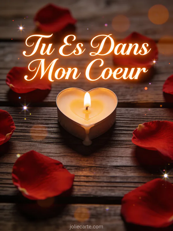 Bougie avec flamme en forme de cœur et pétales de rose sur bois sombre avec le texte Tu Es Dans Mon Cœur